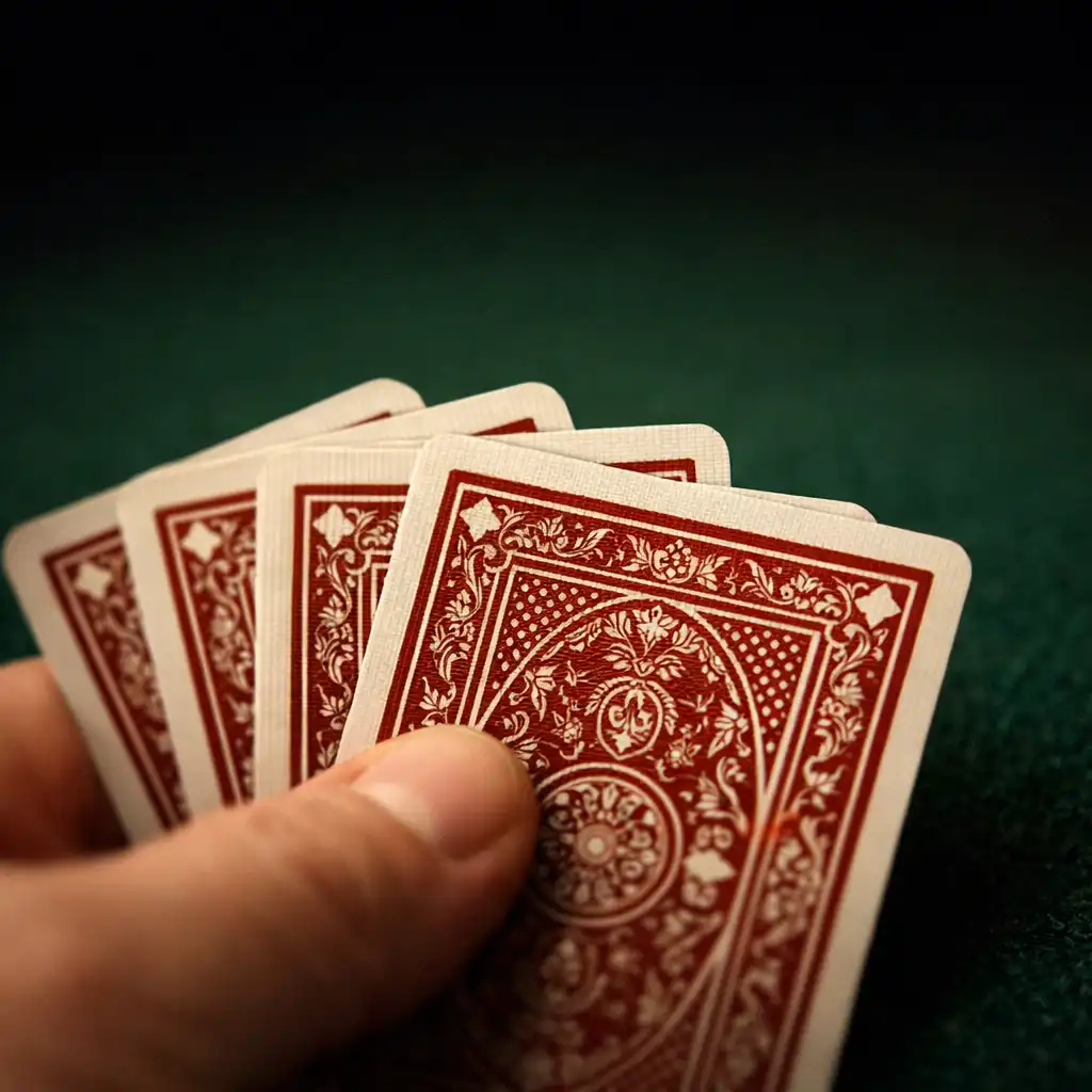 A hand holding a fan of playing cards over dark green poker felt in the Card Lounge