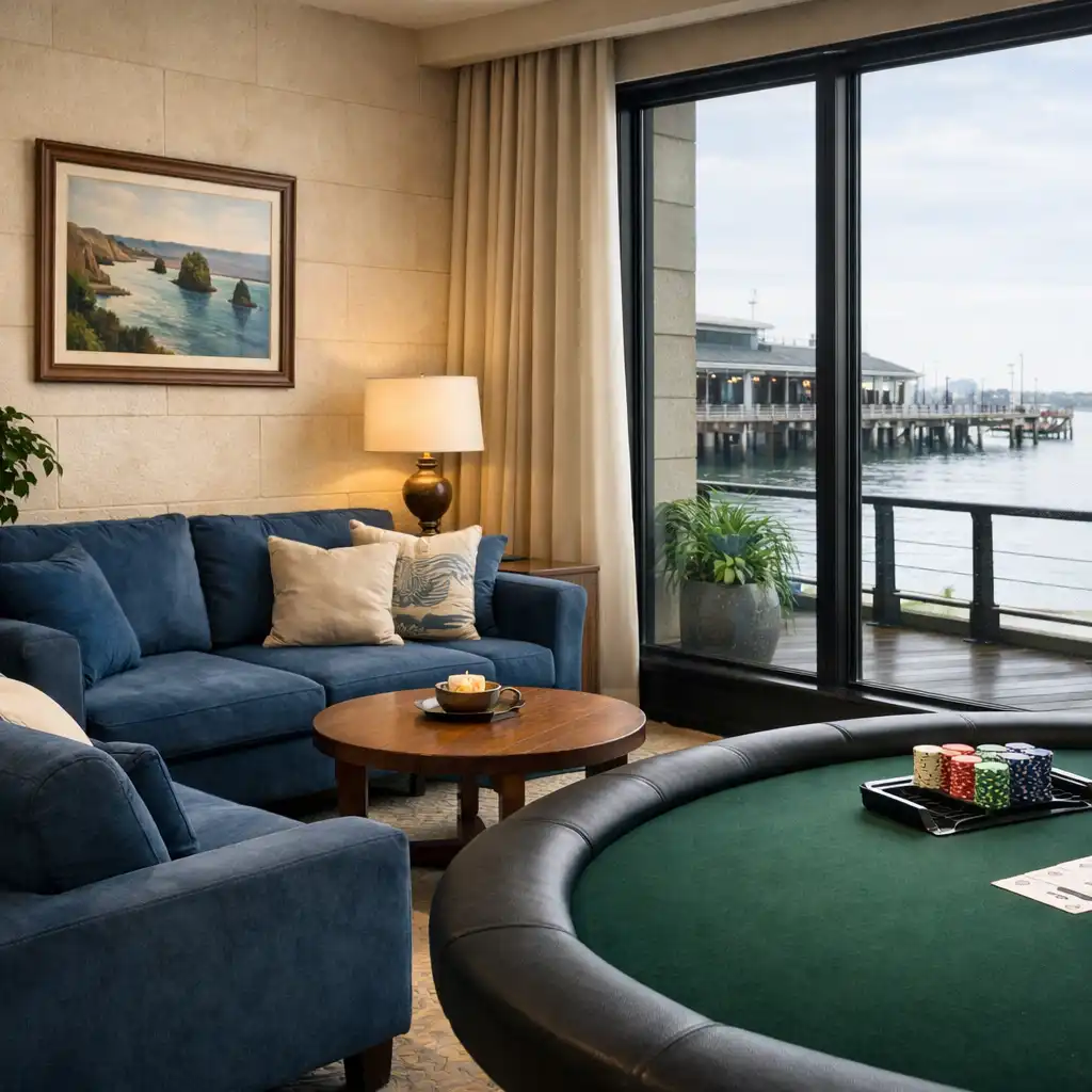 Card Lounge interior with limestone cream walls, deep ocean blue upholstery, and a physical poker table near large windows