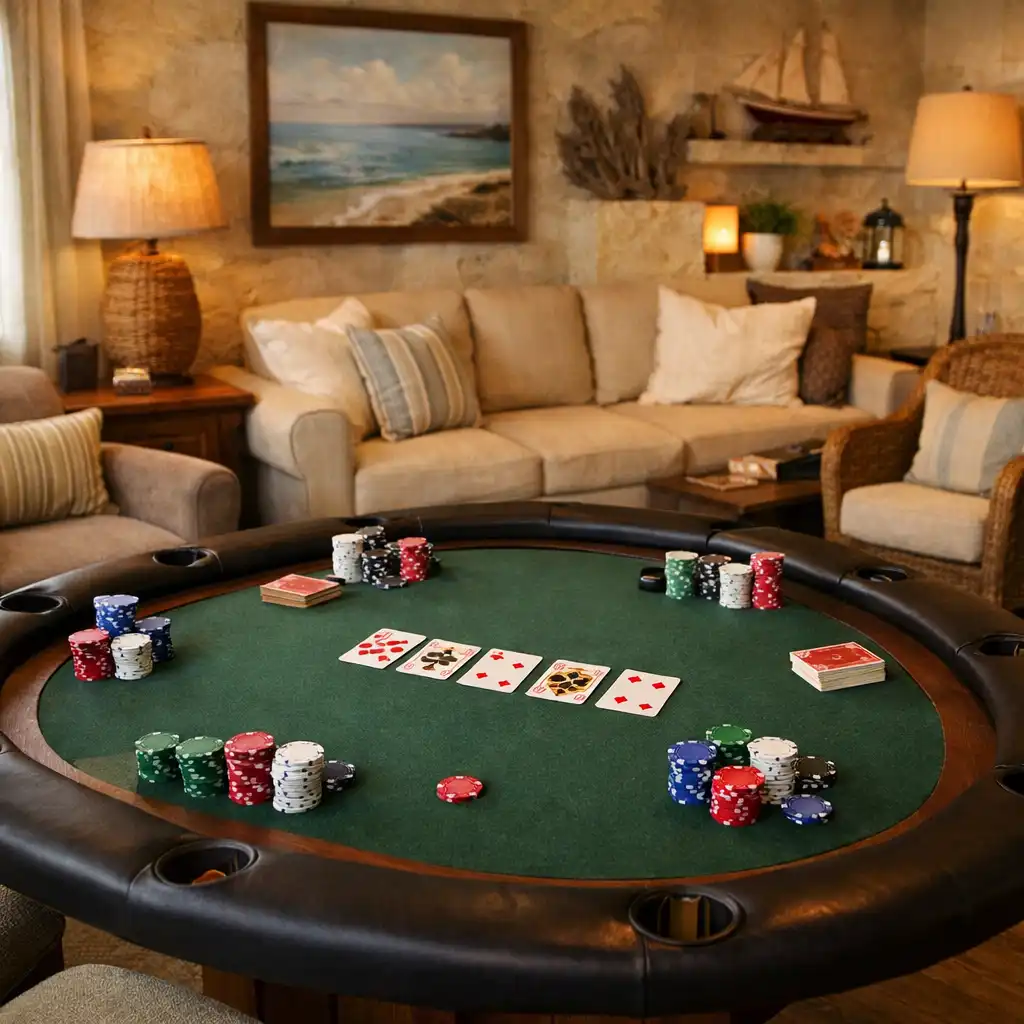 Relaxed Card Lounge setting with a physical poker table and comfortable seating