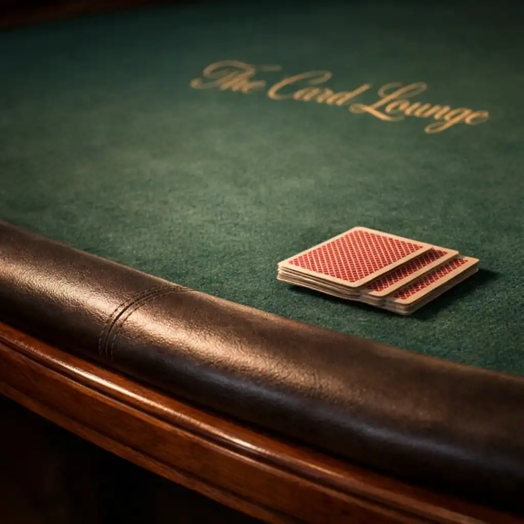 Close-up of the edge and felt surface of a physical poker table in the Card Lounge