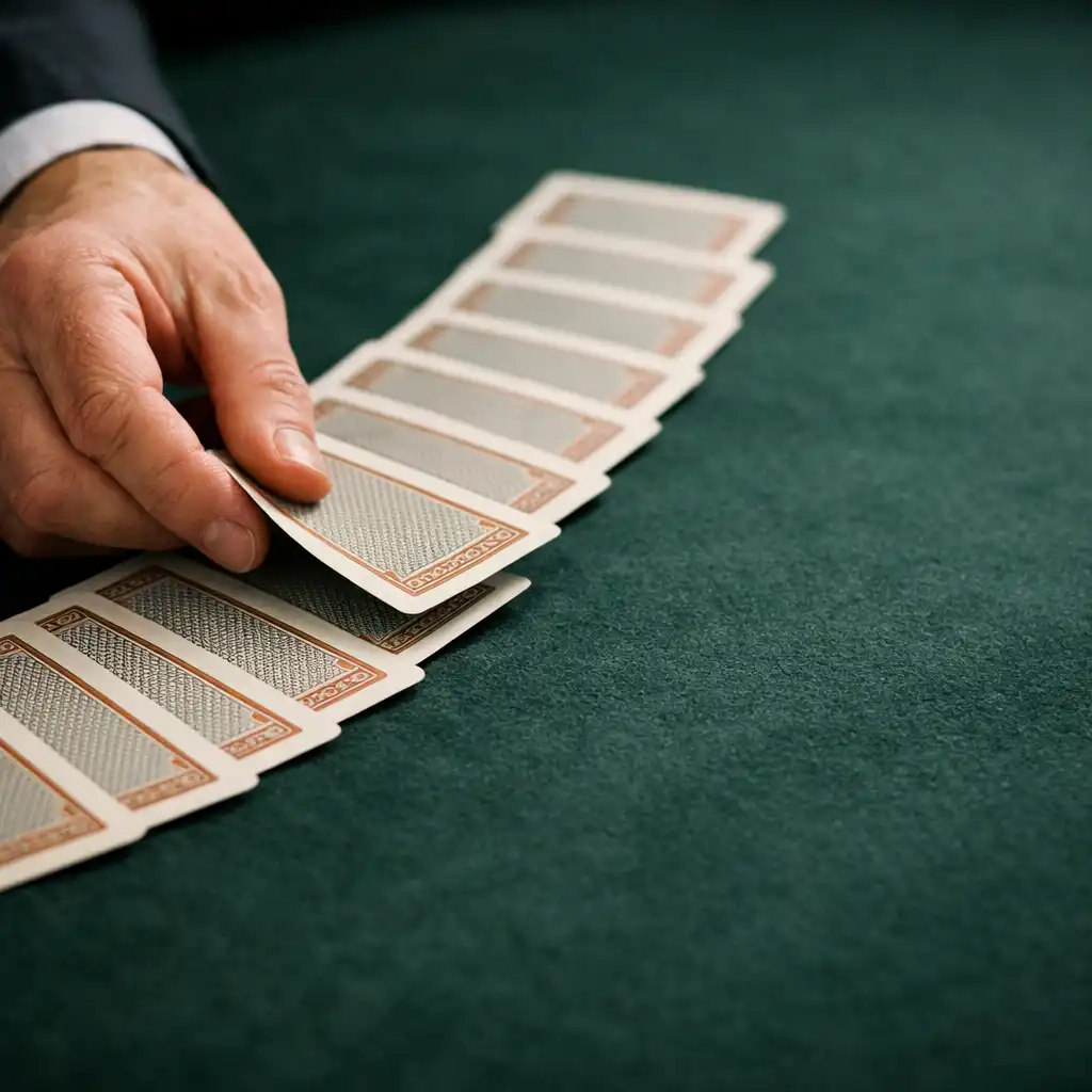Dealer's hand dealing cards onto a dark green poker table felt