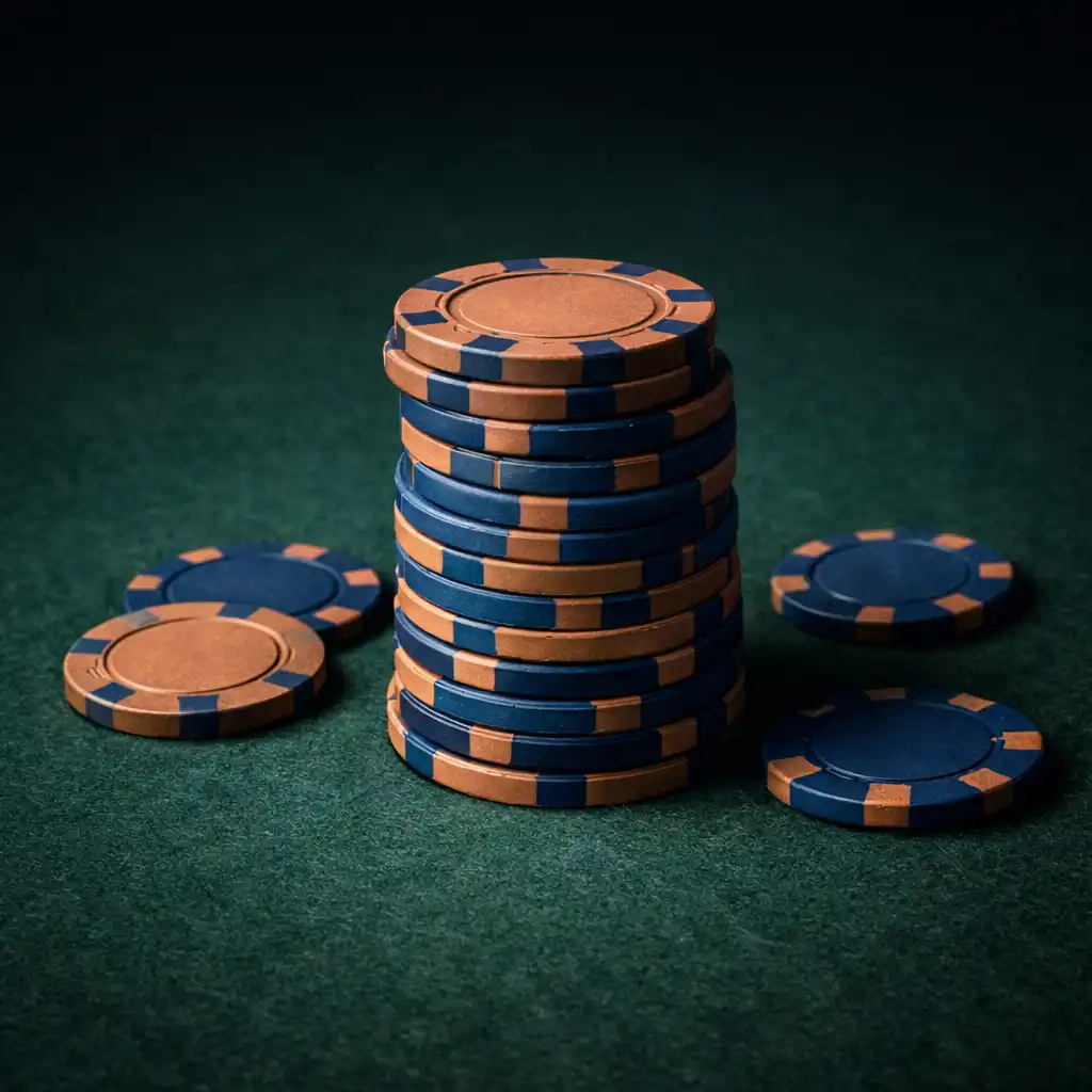 Stack of poker chips on a dark green felt table with a few chips scattered nearby