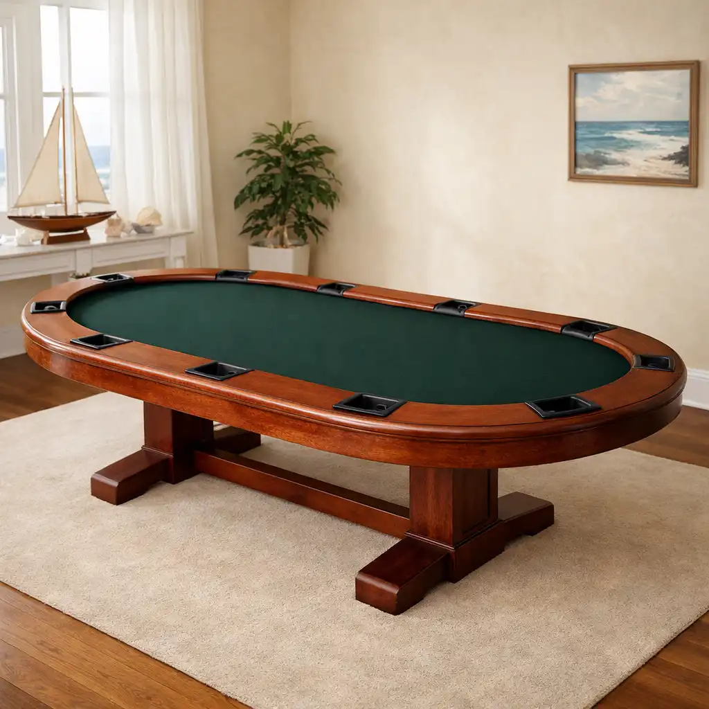 Full physical poker table showing solid timber edge and dark green felt in a well-lit room