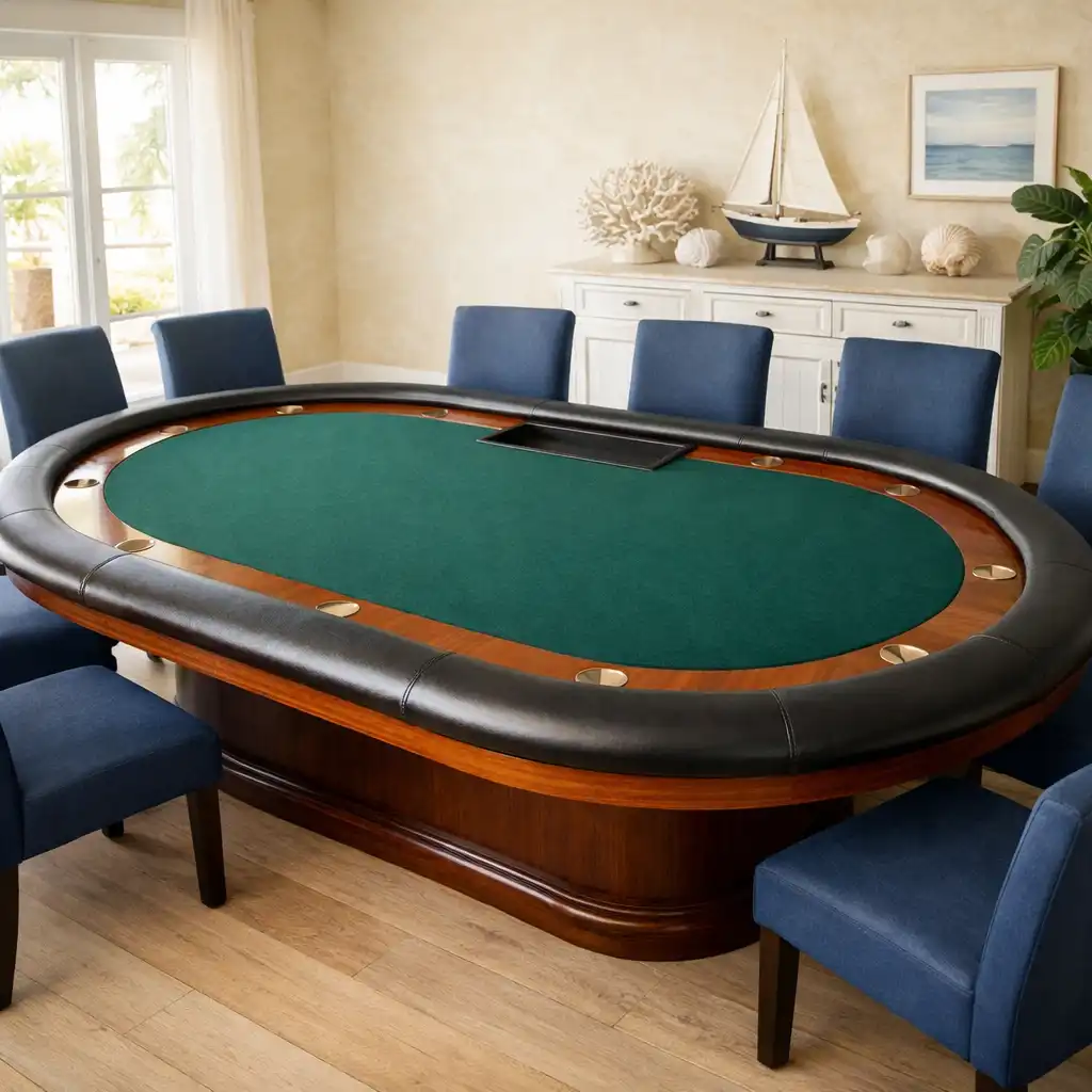 Wide-angle view of a full poker table from above, showing all player positions and the felt