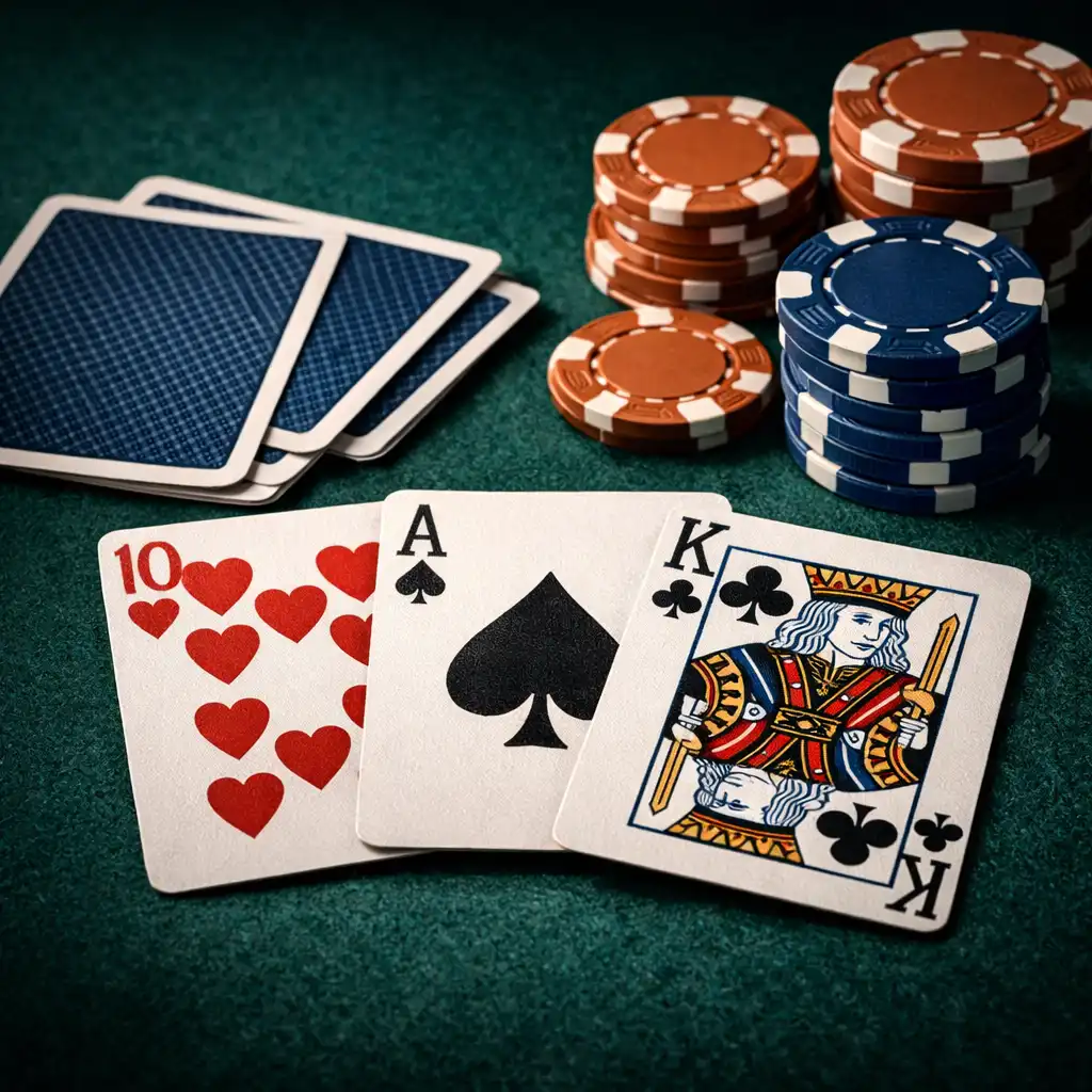 Physical playing cards spread on a dark green poker table felt
