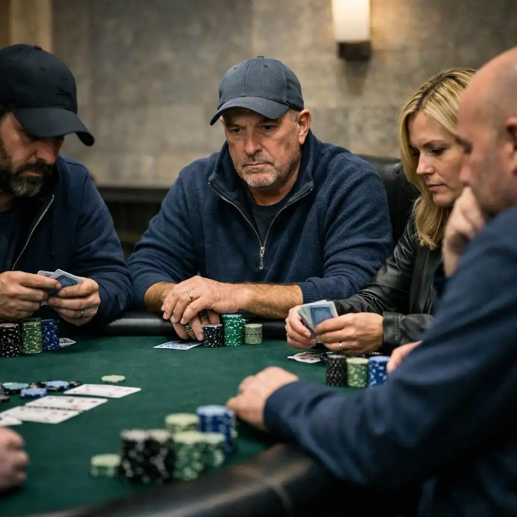 Adult poker players seated at a physical poker table