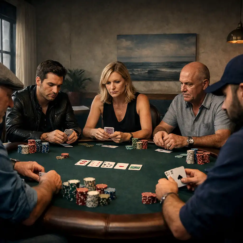 Players seated at a physical poker table with cards and chips in the Poker Room