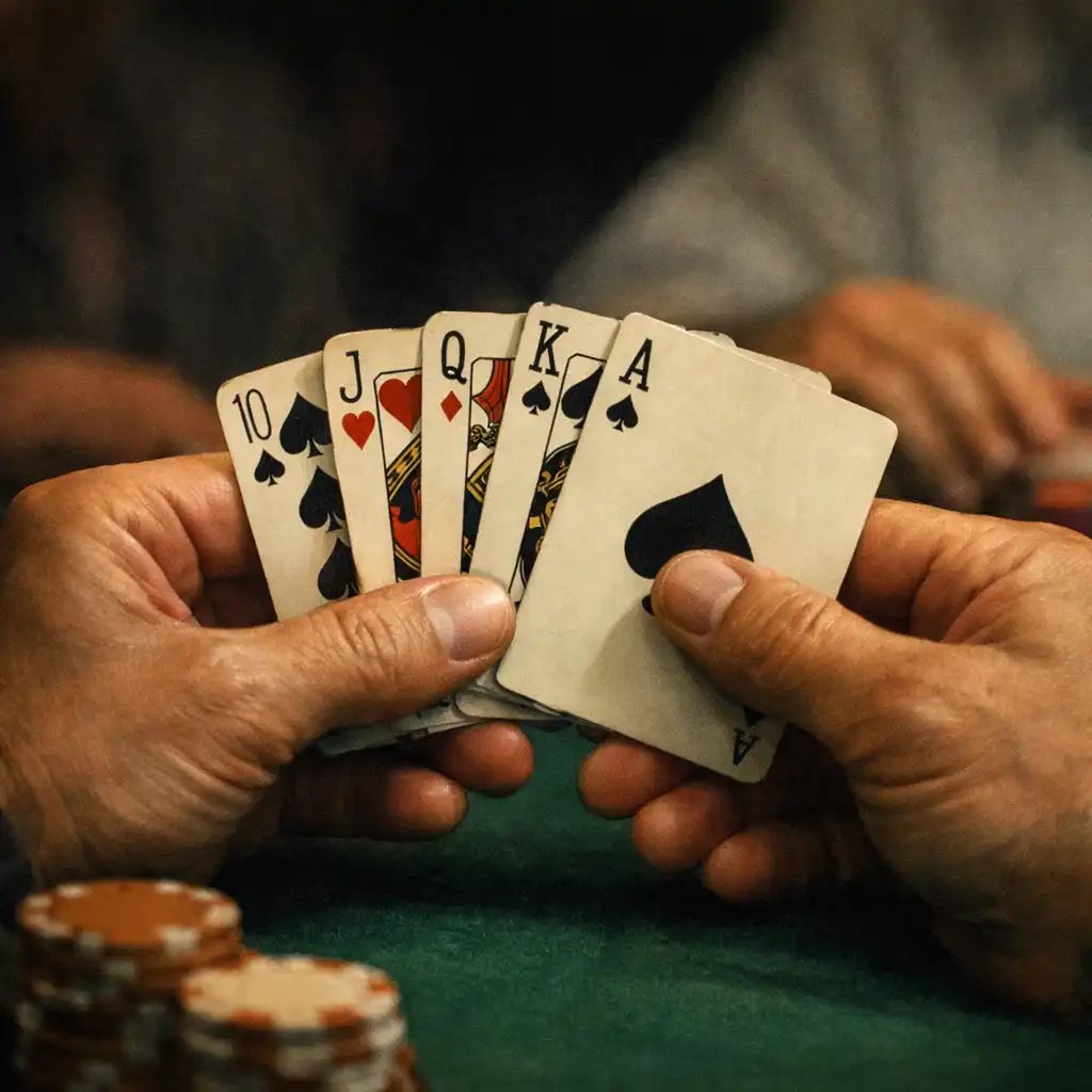 Player's hands holding a set of poker cards at a table with felt visible below