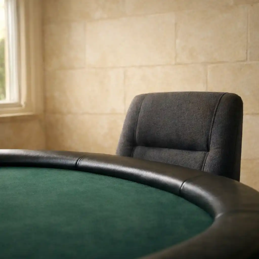 Empty player position at a poker table showing a comfortable chair and the felt in front
