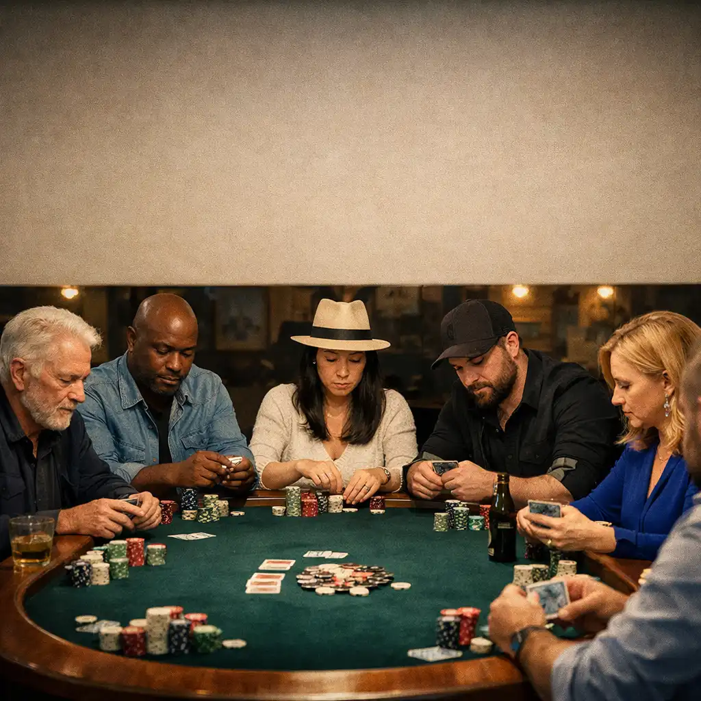 Several adult players seated at a full poker table, focused on their cards and the game