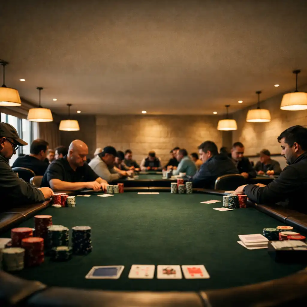Players seated at physical poker tables in the Poker Room