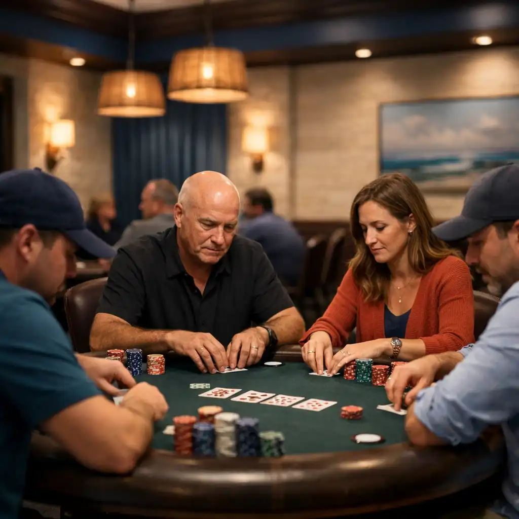 Players seated at a physical poker table in the Poker Room