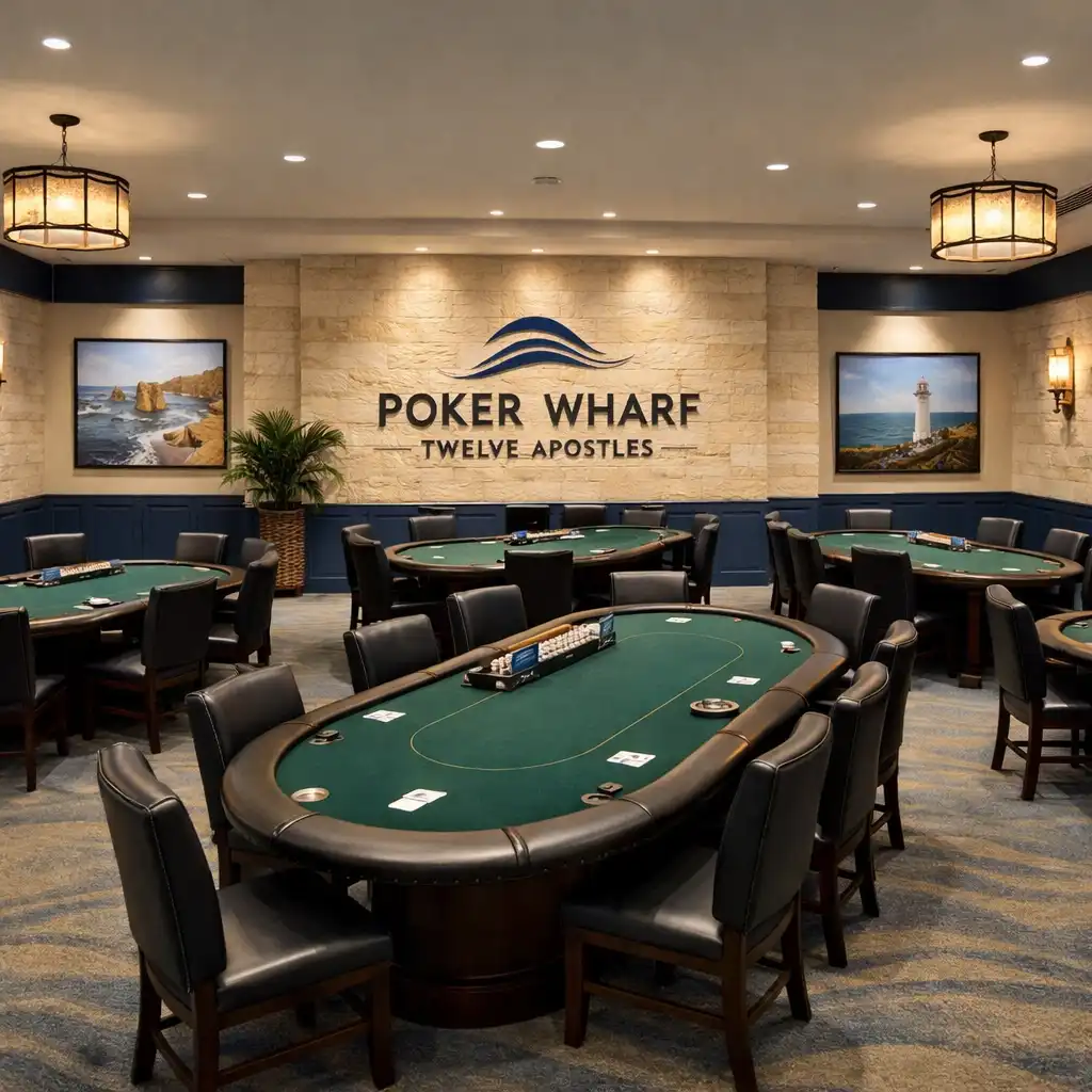Wide view of the dedicated Poker Room at Poker Wharf Twelve Apostles with physical poker tables prepared for a private session
