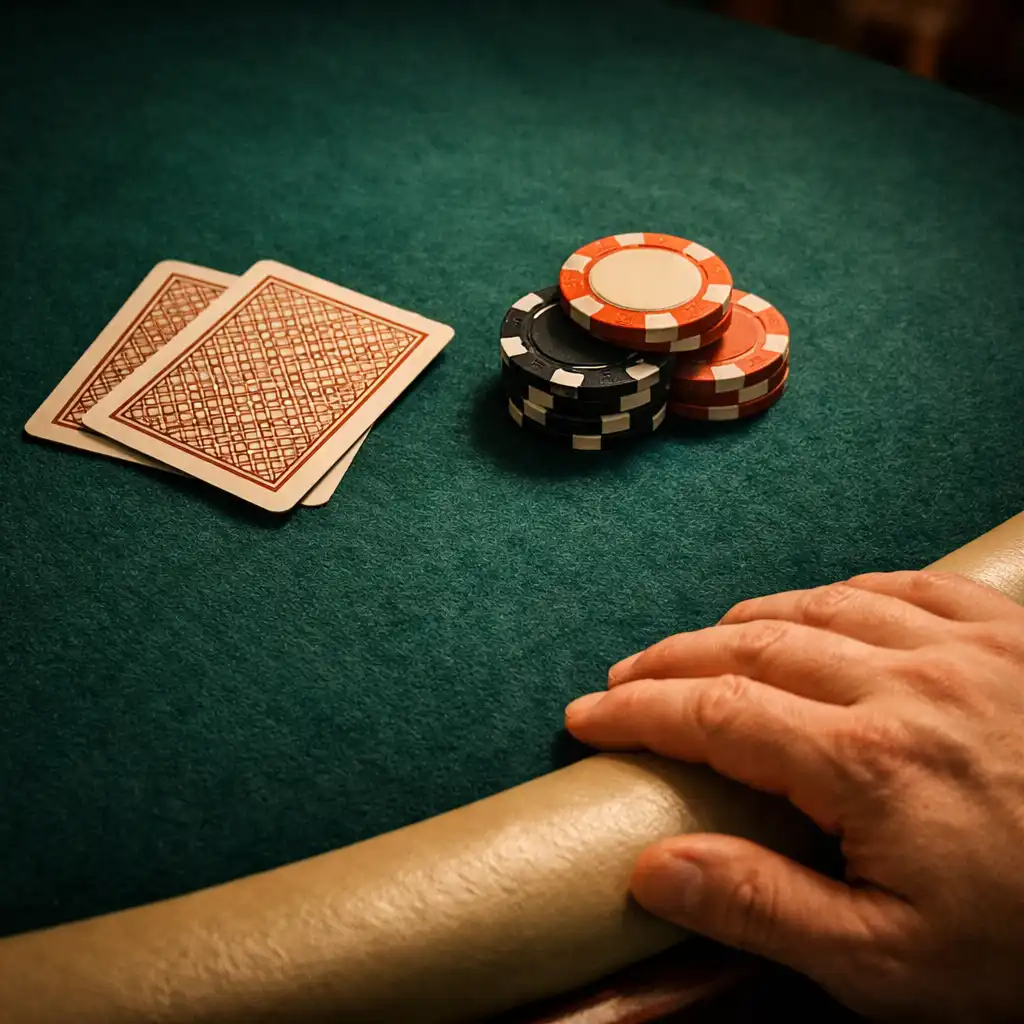 Close-up of a physical poker table with cards and chips in the Poker Room