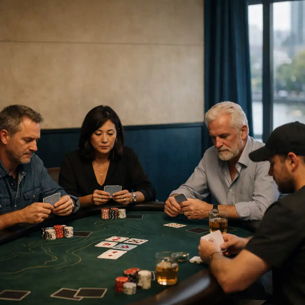 Players seated around a physical poker table during a private poker session at Poker Wharf Twelve Apostles