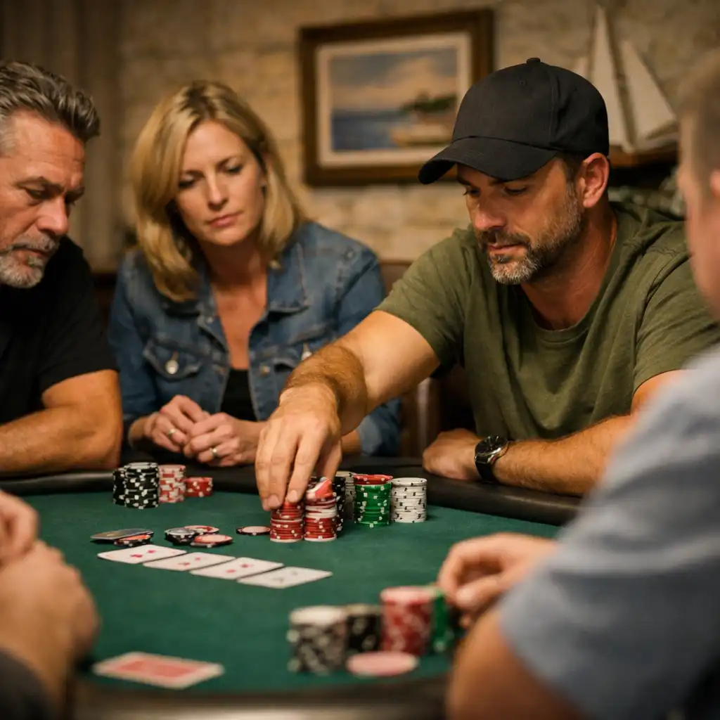 Group of adult players focused around a physical poker table during a private poker hand