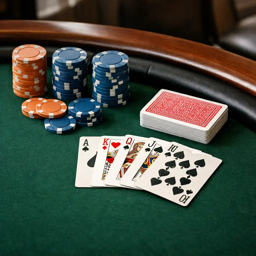 Overhead view of a dedicated private poker table arrangement with cards and chips